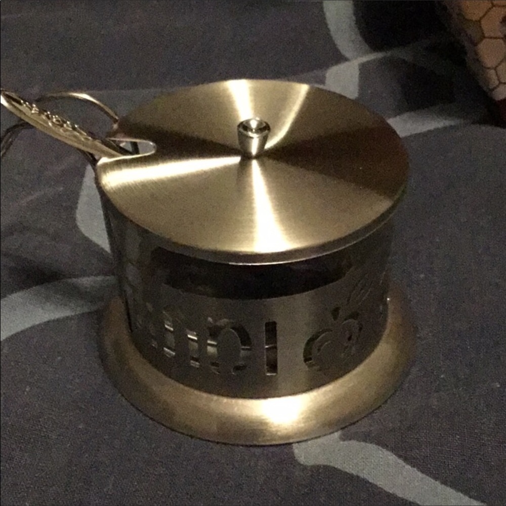 BNIB metal honey dish with spoon and lid